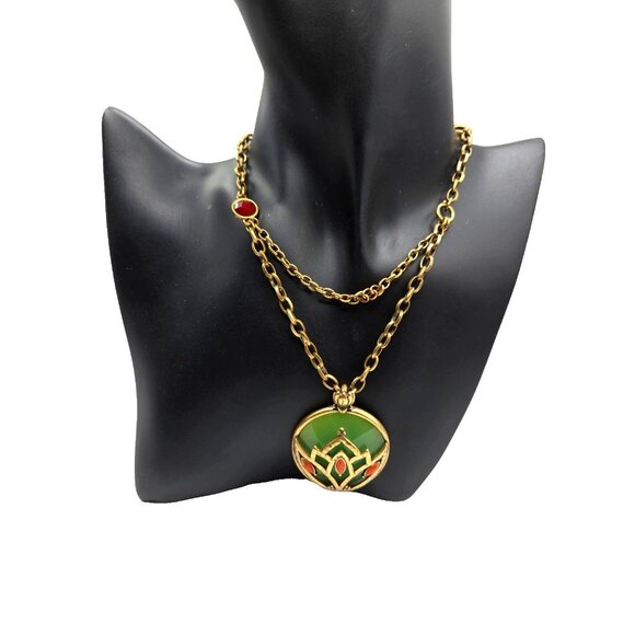 Lucky Brand Boho Pendant Necklace Enamel Art Deco Style Green Coral 19" Chain - Picture 1 of 6